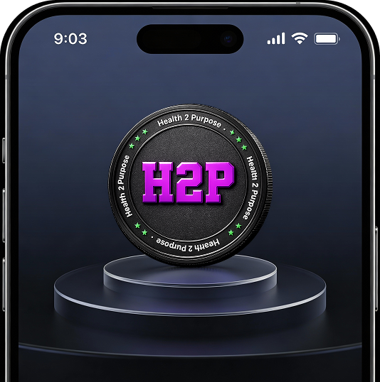 H2P token displayed on a pedestal inside a smartphone screen